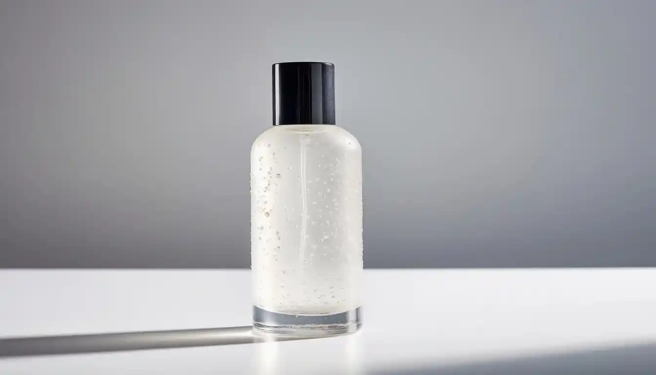 Raw product photo of a cosmetic bottle on a white background, showing visible imperfections and uneven lighting before professional retouching.